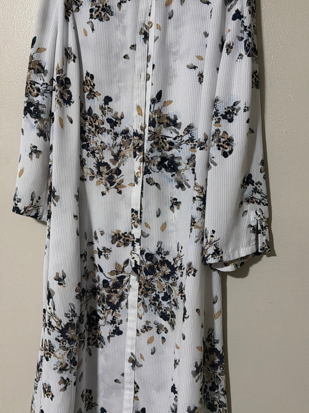The Limited White Floral Button-Front Long Sleeve Dress with Navy and Tan Print